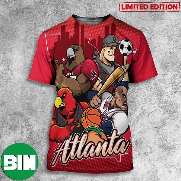 Atlanta Falcons x Atlanta Braves x Atlanta Hawks x Atlanta United FC Art By Eric Poole All Over Print T-Shirts