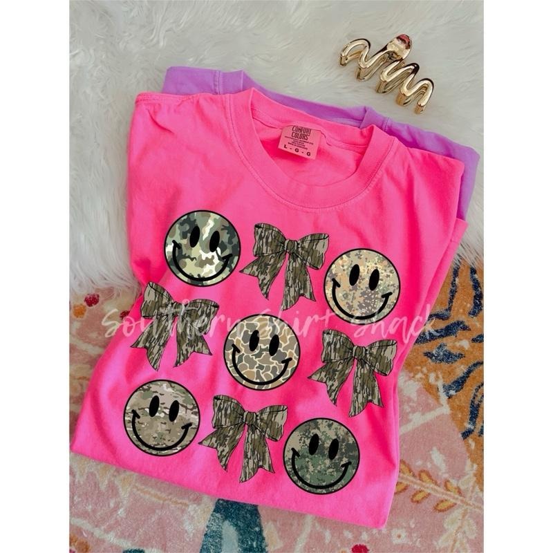 Camo smileys and bows T shirt | neon pink comfort colors t shirt