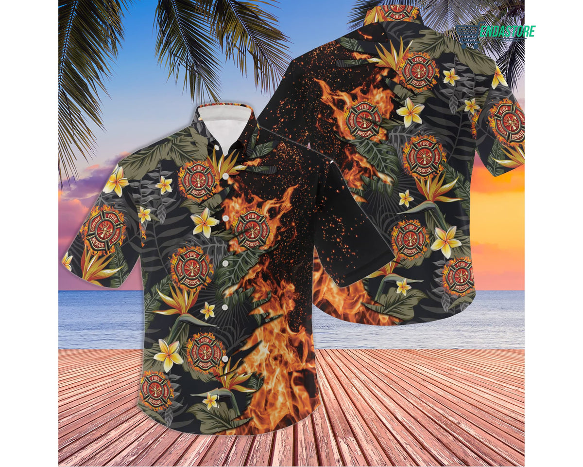 Firefighter Fire Floral Tropical Hawaiian Shirt