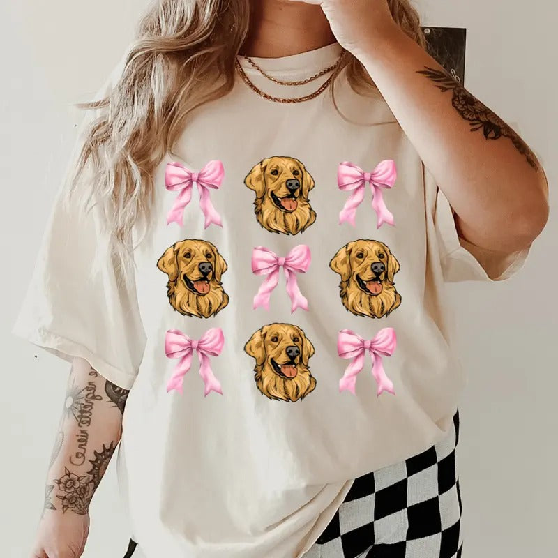 Golden Retriever with bows Shirt ~ Unisex Apparel Relaxed Fit Printed In The USA Clothing Womenswear Casual Comfort Cotton Top Athletic Boho Chic