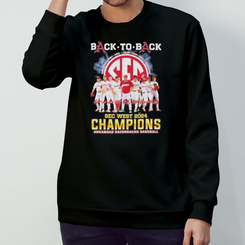 Official Arkansas Razorbacks Back To Back SEC West Baseball Champions 2024 Signatures Shirt