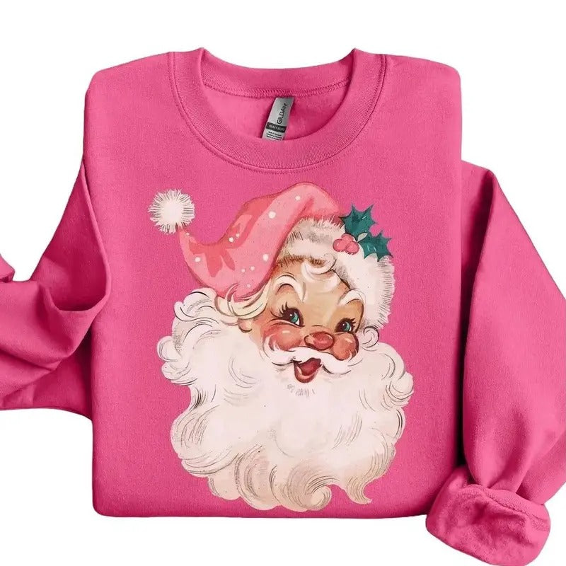 Pink Santa Retro Christmas Sweatshirts for Women, Pink Christmas Matching Family Sweaters Cotton Womenswear