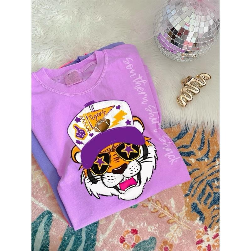Preppy Purple and Gold Tiger Mascot Graphic Tee | Neon Violet comfort colors t shirt | tigers purple t shirt