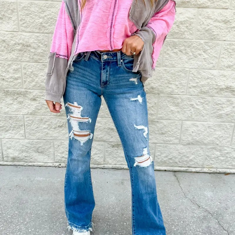 RESTOCK!- Kyra Mid Rise Distressed Flare Jeans