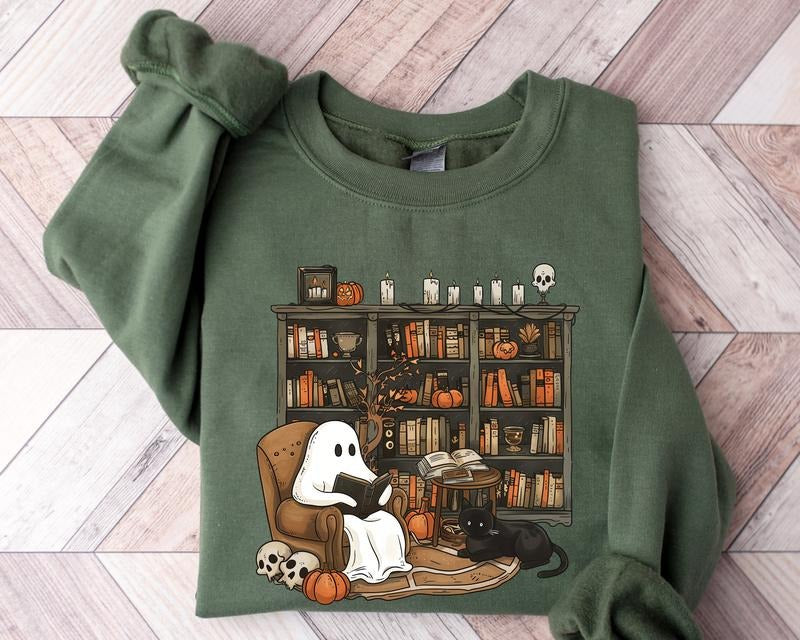 Retro Ghost Reading Books Sweatshirt Librarian Ghost Halloween Halloween Teacher Sweatshirt Halloween Shirt Teacher Gift Boo School T-shirt, sweater and Hoodie