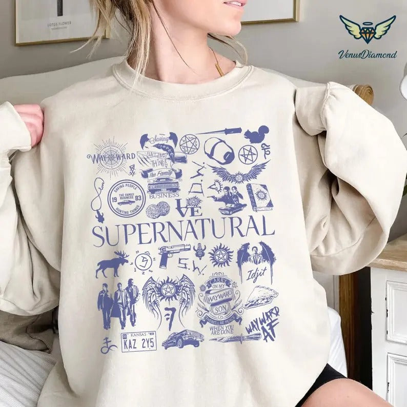 Supernatural Movie Vintage Doodle Art Blue Shirt Supernatural Vintage Shirt Dean Winchester Shirt Winchester Brothers Dean Winchester