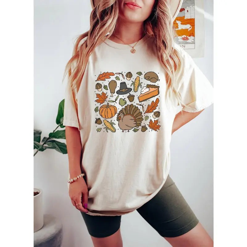 Thanksgiving Doodles Pumpkin Leaves Sweatshirt - Happy Turkey Day Hoodie, Solid Color, Crewneck, Cotton Blend, Funny Fall Sweatshirt