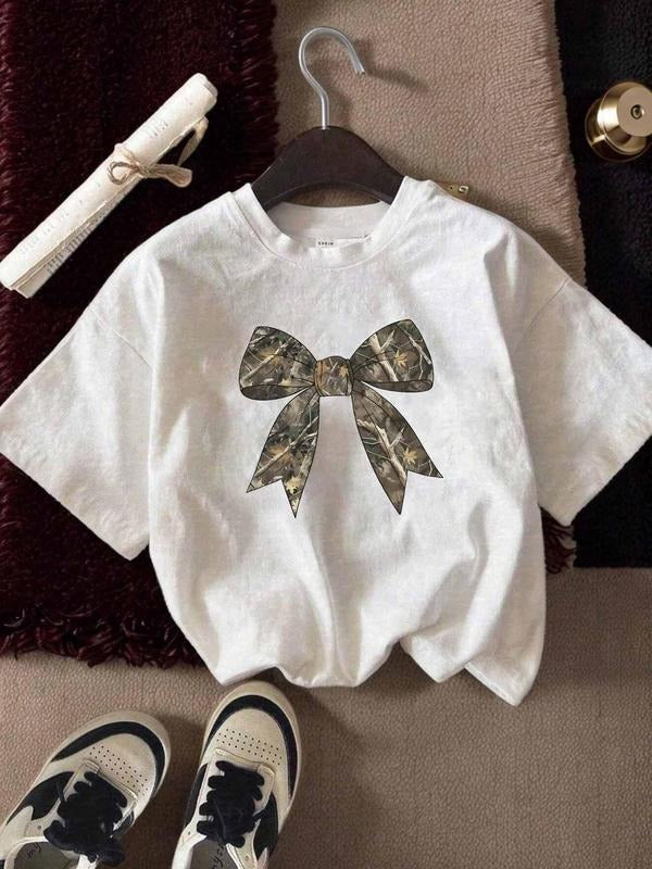 Women's Bow Print Round Neck Tee, Fashion Casual Short Sleeve T-shirt for Daily Wear, Ladies Clothes for All Seasons