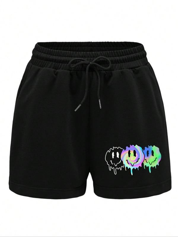 Women's Cartoon Face Print Drawstring Waist Shorts, Casual Comfy Pocket Elastic Waist Shorts for Summer, Fashion Women's Bottoms for Daily Wear