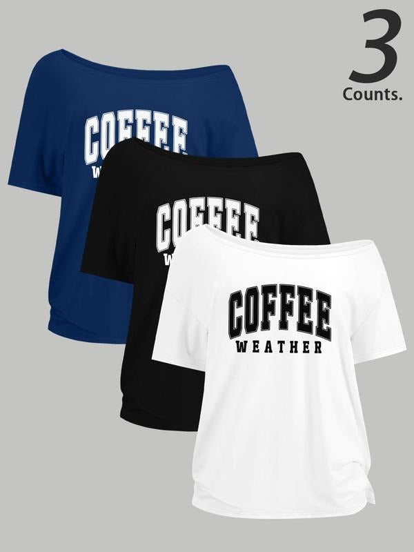 Women's Coffee Weather Letter Print One Shoulder Tee, Casual Short Sleeve T-shirt for Daily Wear, Ladies Clothes for All Seasons, Top