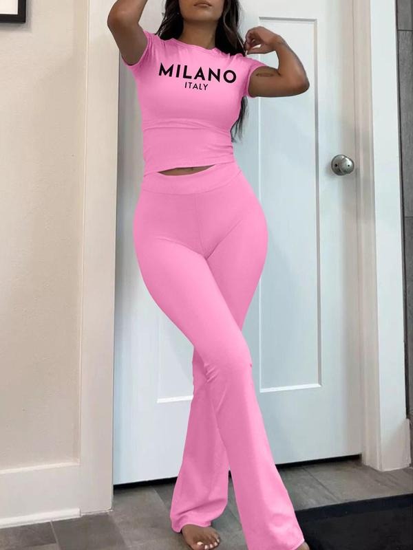 Women's Letter Print Crop Tee & Flare Leg Pants Set, Casual Round Neck Short Sleeve T-Shirt & Bell Bottom Trousers, Ladies Summer Clothes