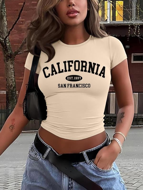 Women's Letter Print Round Neck Crop Tee, Casual Short Sleeve Crew Neck T-shirt for Daily Wear, Ladies Clothes for All Seasons, Topstyle{n002}18