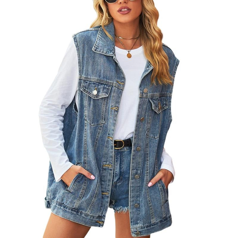 Women's Summer Denim Waistcoat, Solid Sleeveless Turn Down Collar Button Closure Jean Cardigan Mid-Length Vest Casual Womenswear