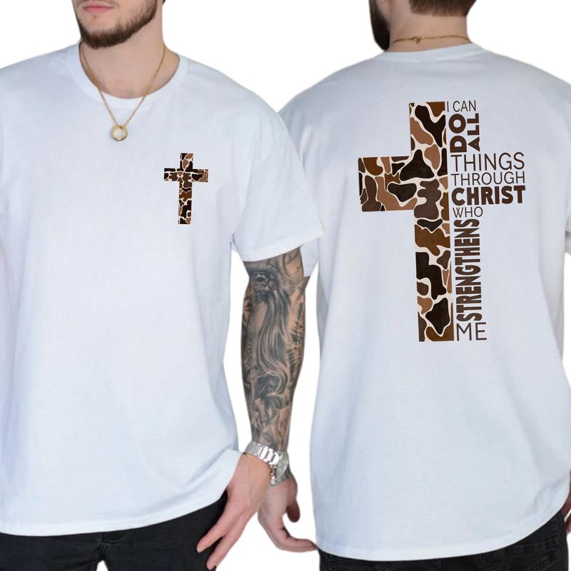 Men's Christian Camo Cross 2-Sided Shirt, I Can Do All Things Through Christ T-shirt, Hunting Tee, Bible Verses Tops, Jesus Apparel, Classic Menswear