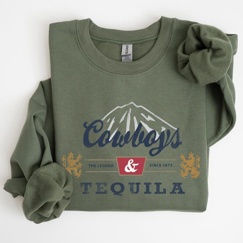 Cowboys and Tequila, Retro, Beer, Vintage, Cowboy Sweatshirt, Women's Crew Neck, Crewneck Casual Comfort Womenswear Comfortable Graphic