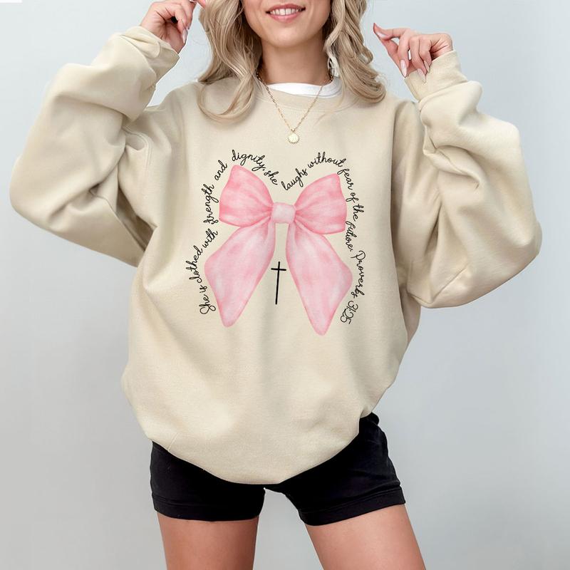 Coquette Christian Shirt, Proverbs She is Clothed with Strength Coquette Bow T-Shirt, Christian Sweatshirt, Christian Shirts For Women, Coquette Bible