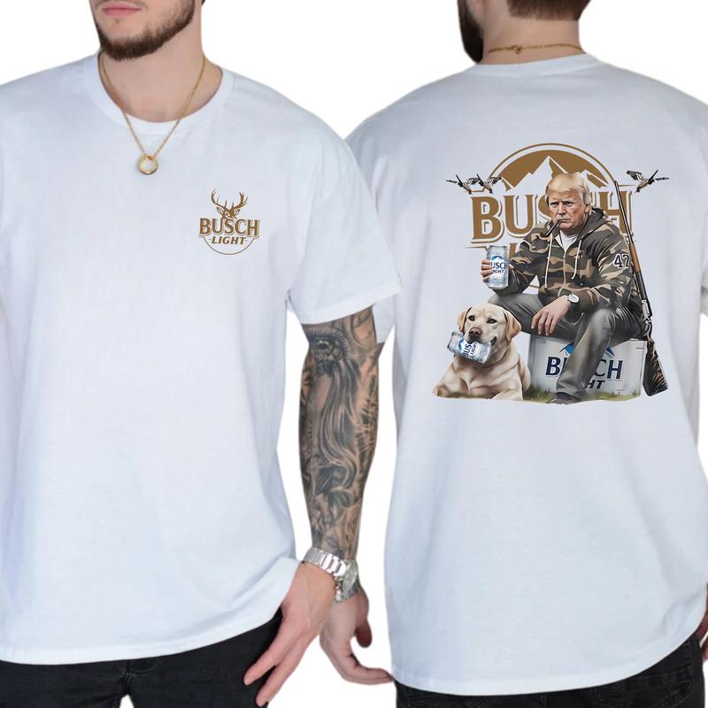 Hunter Trummpp Golden Dog Busch Light Beer Shirt 2-Sided, Men's Buck Hunting Graphic Tee, Drinking Shirt, Vintage Hunt Tops, Classic Casual Menswear
