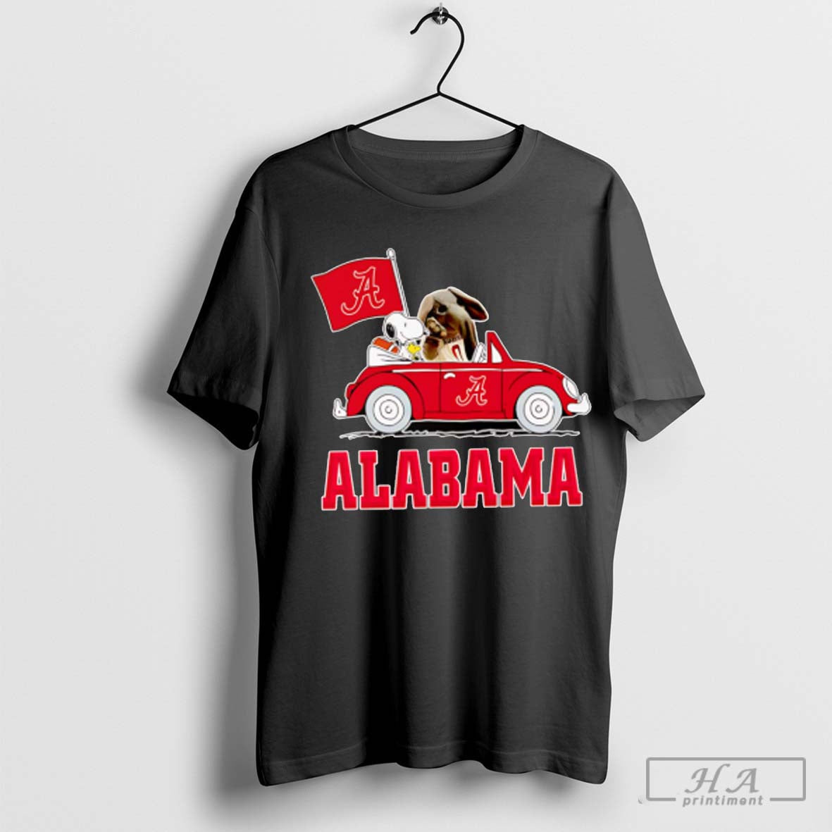 Snoopy and Big Al driving car Alabama Crimson Tide shirt