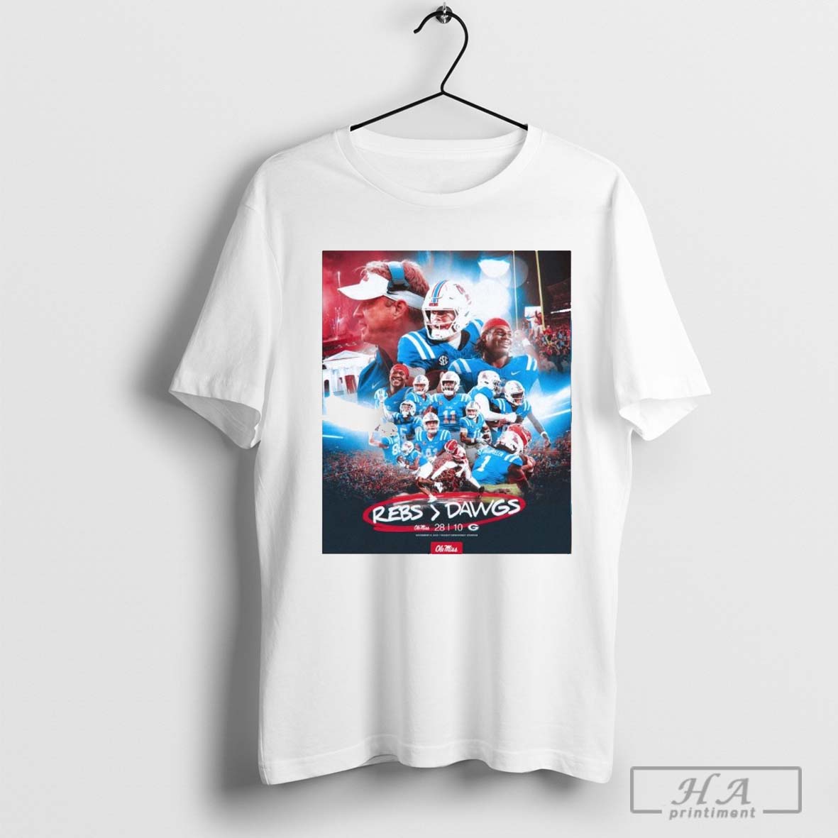 SEC Lane Kiffin + Jaxson Dart Ole Miss Football vs. Georgia Bulldogs Final Score 28-10 Signed Victory shirt