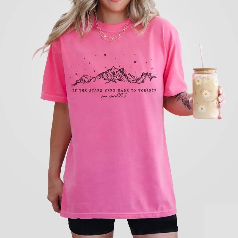 If the Stars Were Made to Worship So Will I Shirt, Christian Faith T-Shirt, Inspirational Religious Tee, Mountains and Stars Design, Comfortable Casua