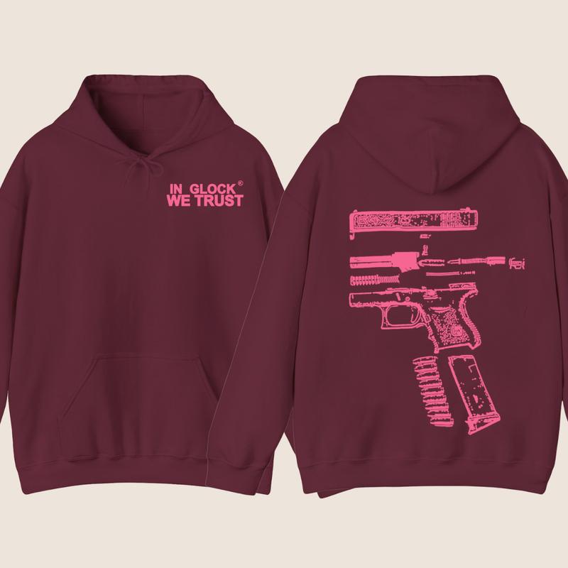 IN GLOCK WE TRUST 2 SIDE Hoodie , Design Heliconia pink, Sweater for Men , Gift For Men ,Full Color , Menswear Top, Glock SweatShirt Classic Cotton