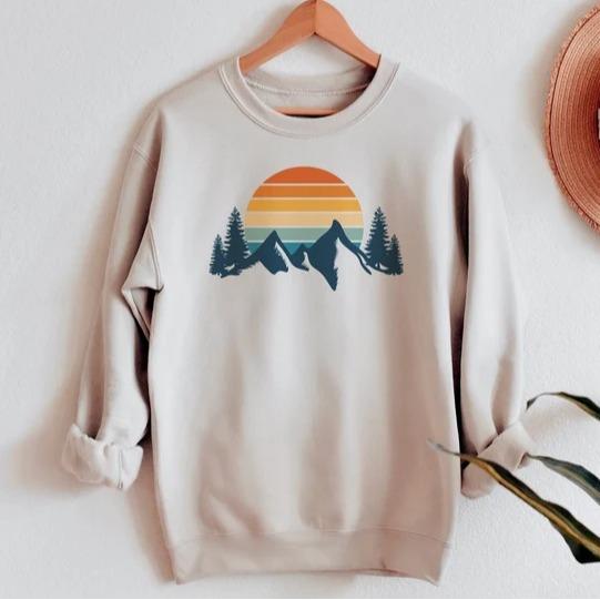 Mountain Sweatshirt, Retro Sunset Aesthetic Sweatshirt, Cozy Sweatshirt, Hiking Sweatshirt Cotton Spandex