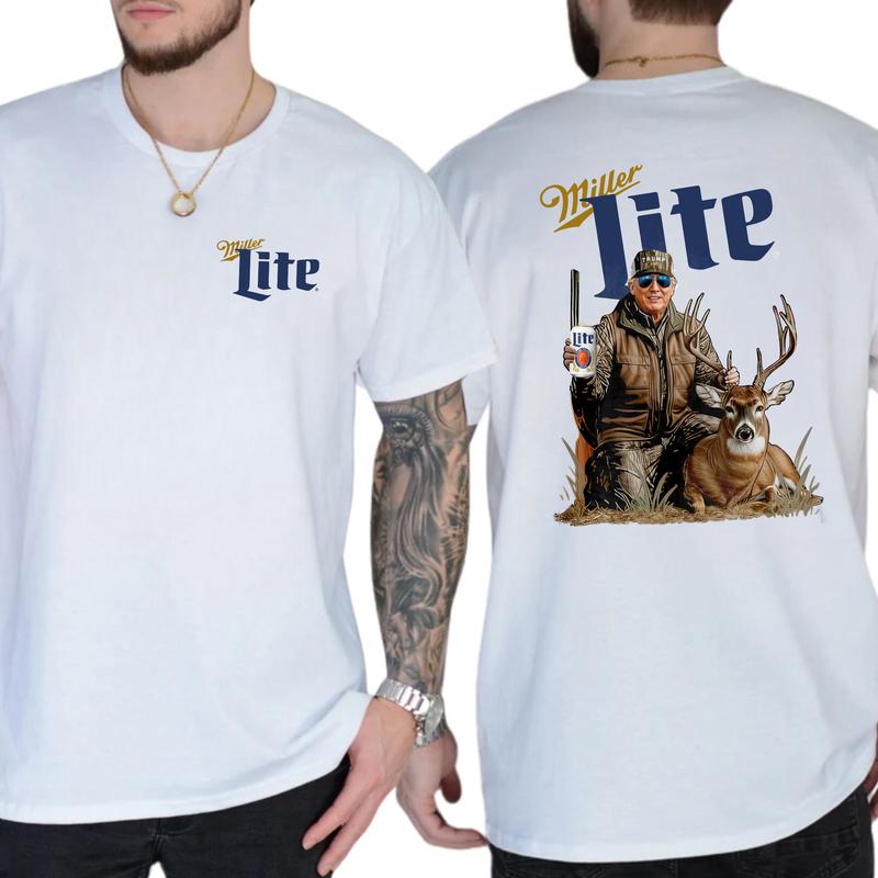 Camo Hunter Trummp With Miler Lite Beer Shirt 2-Sided, Vintage Men's Buck Hunting Tshirt, Beer Drinking Tee, Unisex Hunt Tops, Classic Casual Menswear
