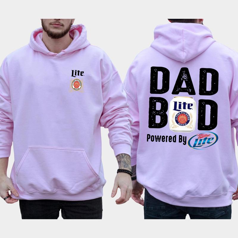 Men's Dad Bod Powered By Miller Lite 2-Sided Hoodie, Daddy's Beer Drinking Hoodie, Drink Tops for Dad, Casual Menswear, Classic Cotton Pullover