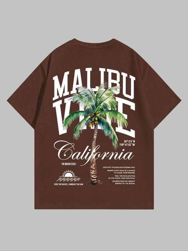 MMen's Coconut Tree & Letter Print Short Sleeve Tee, Regular Fit Casual Streetwear Graphic Round Neck T-Shirt, Graphic Tees, Men's Summer Graphic Tees