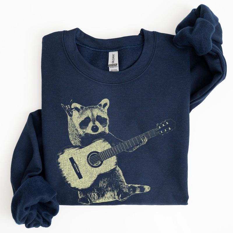 Raccoon Playing A Guitar, Funny Animals Sweatshirt Casual Comfort Womenswear Comfortable Graphic