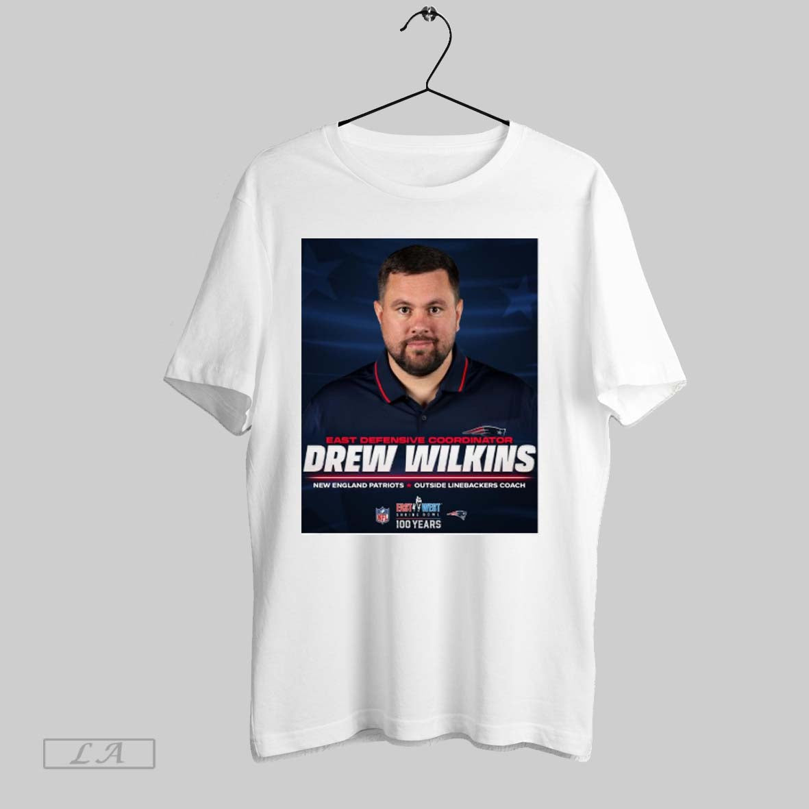Poster New England Patriots Drew Wilkins East Defensive Coordinator Outside Linebackers Coach East West Shrine Bowl T Shirt