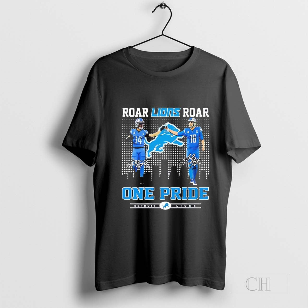 Roar Detroit Lions roar AmonRa St Brown Jared Goff One Pride city skyline signatures t shirt