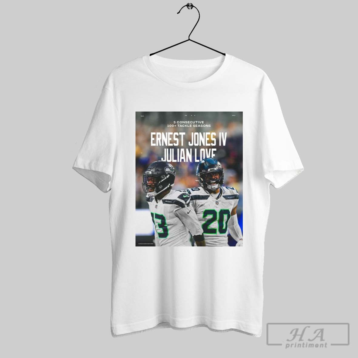 Poster Seattle Seahawks Ernest Jones Iv Julian Love 3 Consecutive 100 Tackle Seasons T Shirt