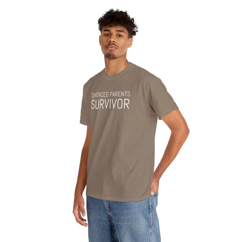 Divorced Parents Survivor Unisex Heavy Cotton Tee - Funny Shirt - Family Shirt - Mom - Dad - Parents - Joke Shirt - Gift for Men and Women