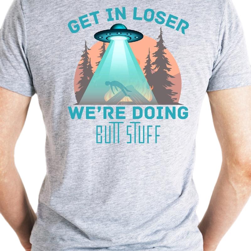 UFO Get in Loser t-shirt, cotton Crewneck Menswear Top Sport funny meme t shirt alien patch