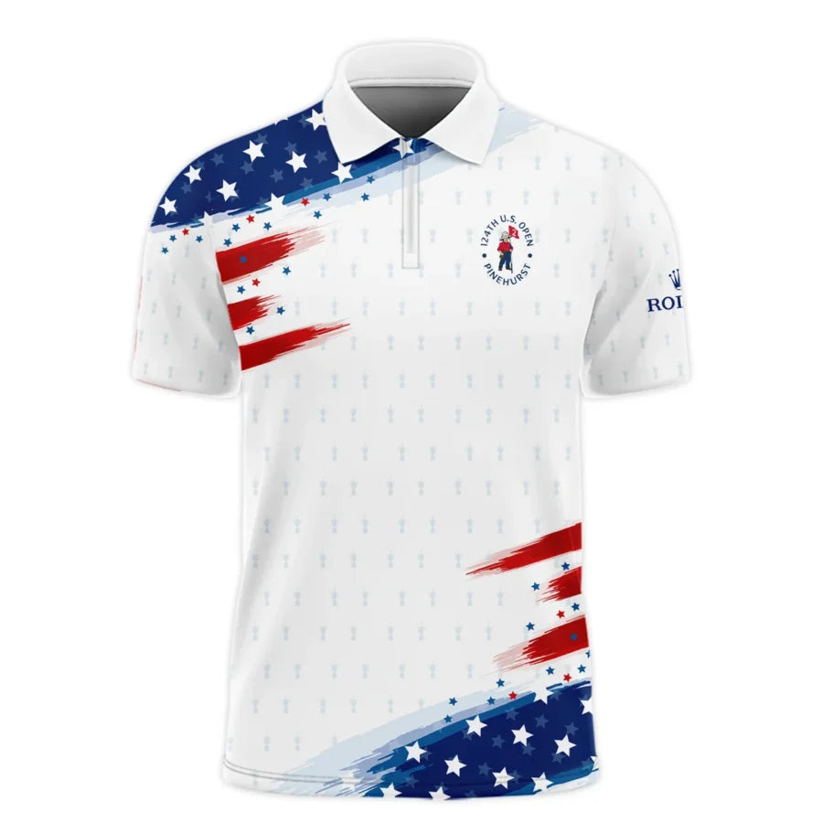 Golf Flag American 124th U.S. Open Pinehurst Rolex Zipper Polo Shirt Style Classic Zipper Polo Shirt