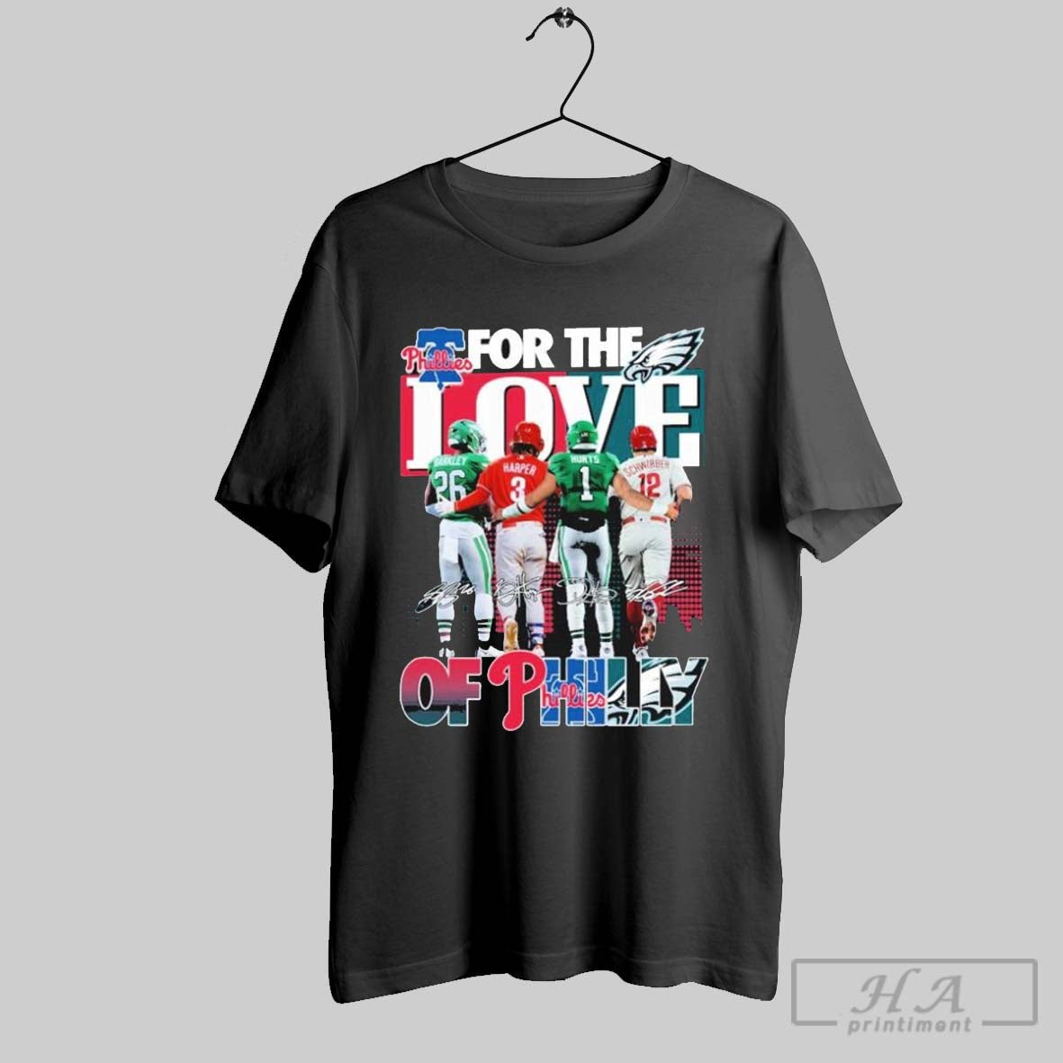 Saquon Barkley And Jalen Hurts Philadelphia Eagles X Bryce Harper Kyle Schwarber Philadelphia Phillies For The Love Of Philly Signatures T Shirts