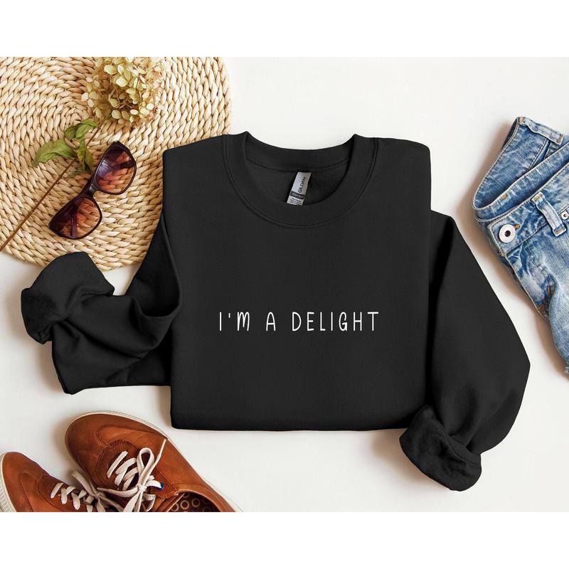 I'm A Delight Minimal Funny Sweatshirt, Sarcastic College Sweatshirt, Women's Crew Neck, Crewneck Casual Comfort Womenswear Comfortable Graphic