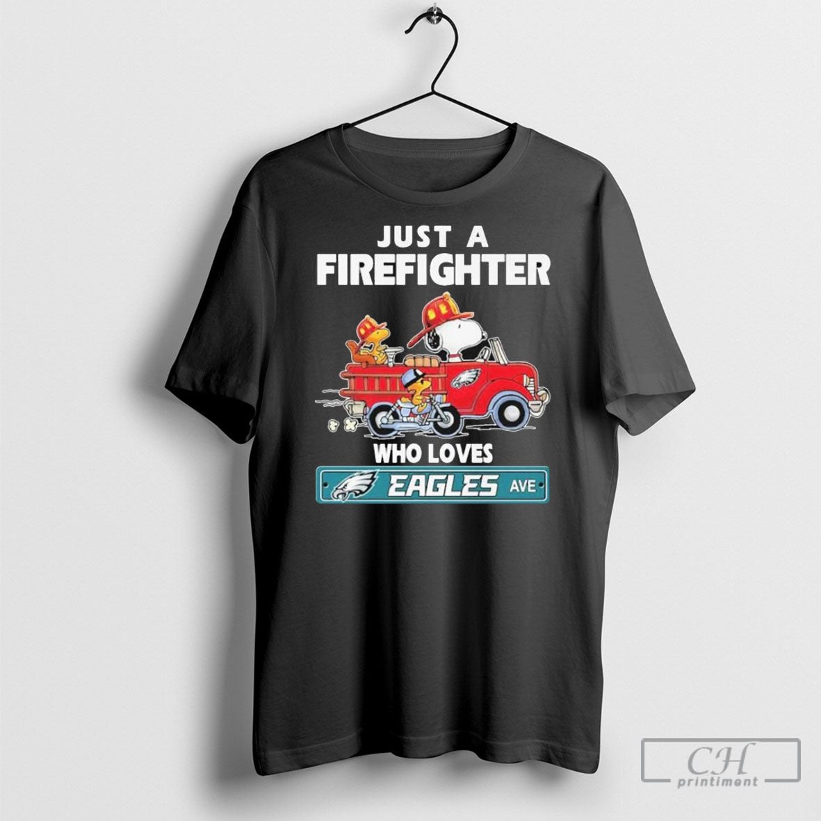 Snoopy And Woodstock Driving Car Motor Just A Firefighter Who Loves Philadelphia Eagles T Shirt