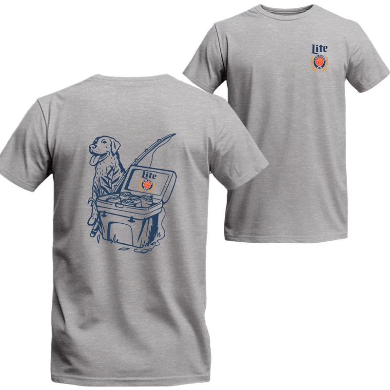 Miller Lite Fishing Scene with Dog Cooler 2 sided Shirt, Unisex T-shirt For Men, For Women, Best choice, Menswear Top, Beer Shirt Underwear Tshirt