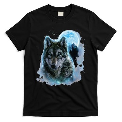 Grey Wolf Hunting Ground Icy Moon Forest Galaxy T-Shirt