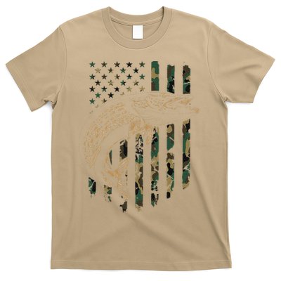Pike Fishing American Flag Camouflage Muskie Fishing Camo T-Shirt