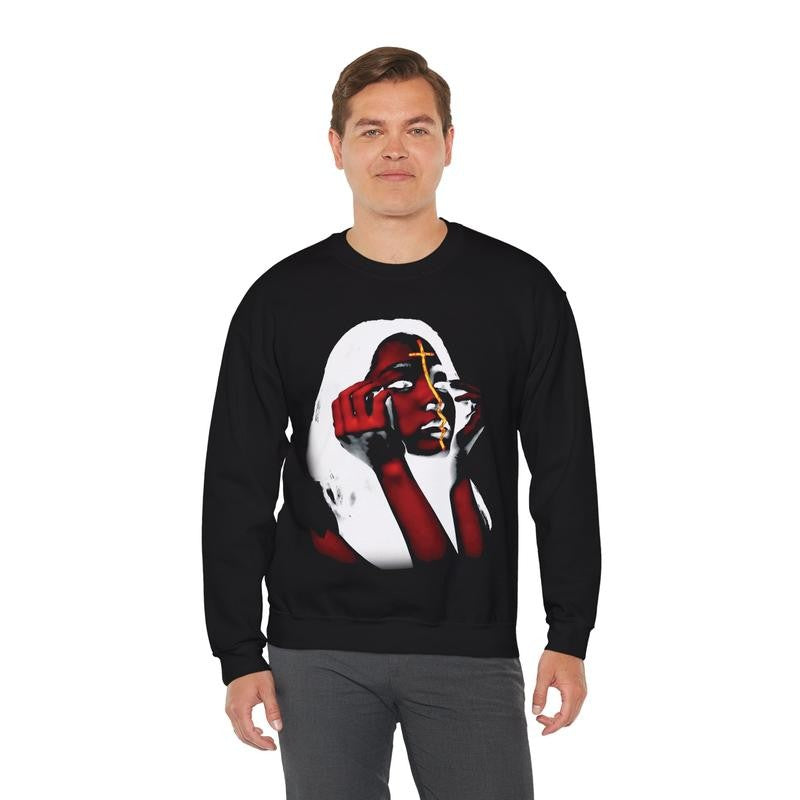 Vintage Flaming Cross Girl Heavy Blend Crewneck Sweatshirt Retro Vintage Comfy Sweater Streetwear Crewneck Long sleeve Christian Fashion Classic Menswear Cotton Polyester