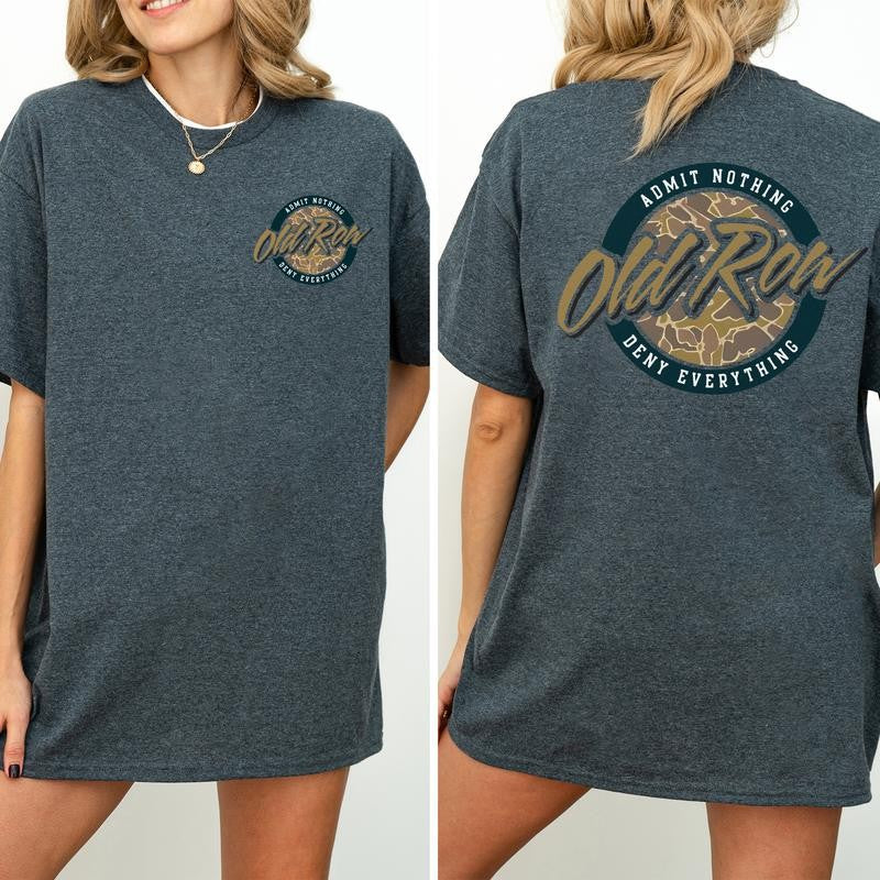 Vintage 80s Old Row Camo Shirt 2-Sided, Old Row Circle Logo Printed Tee, Retro OldRow T-shirt, Hunting Tee, Summer Drink Tee, Drinking Tshirt, Soft Cotton Fabric Women's Top, Casual Womenswear