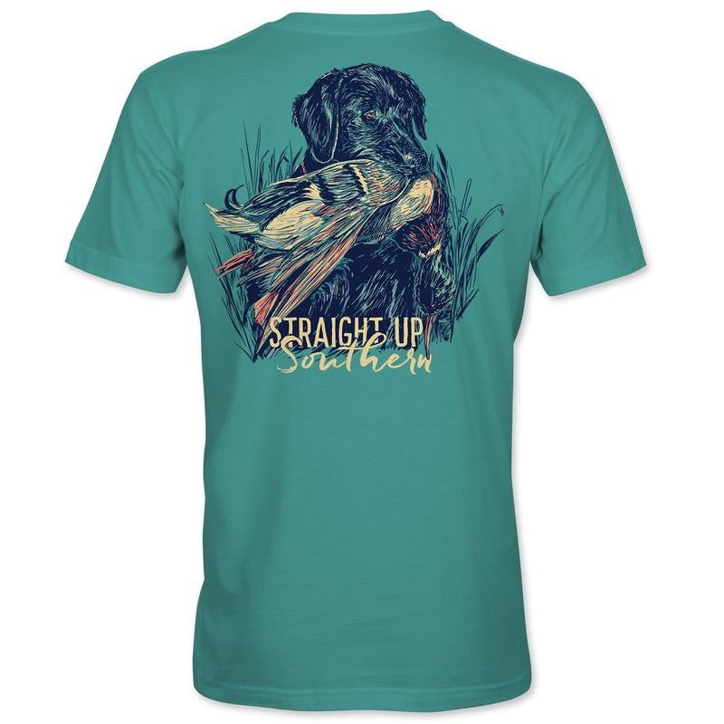 Lab With Mallard - Black Lab Retrieving Mallard T-Shirt Pocket T-Shirt - Green Shortsleeve Cotton