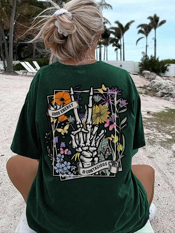 Women's Letter & Skull Print Drop Shoulder Tee,Â Back To School Outfits, Casual Round Neck Half Sleeve T-Shirt for Daily Vacation Outdoor, Ladies Summer Clothes