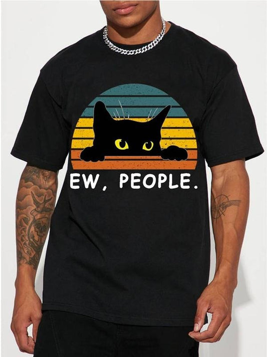 [100% Cotton] Stylish Black Cat Graphic Tee - Men's Casual Short Sleeve Crew Neck T-Shirts for Summer Holiday Gift - Hip Hop Fashion, Comfortable, Breathable, Relaxed Fit