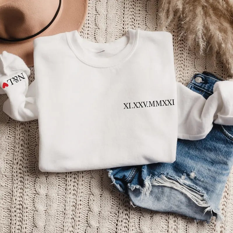 Custom Roman Numerals Valentine's Day Sweatshirt, Initial and Anniversary Date Crewneck, Wedding Couples Matching Gift