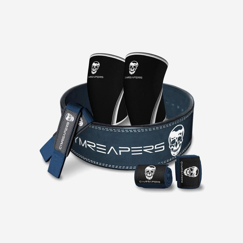 GYMREAPERS Top-rated Strength Kit - Navy 10MM Lever Belt, 7MM Knee Sleeves, Padded Lifting Straps, 18" Wrist Wraps