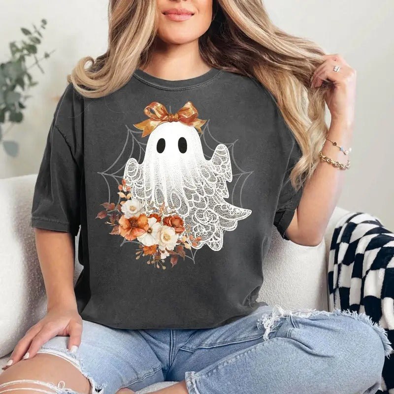 Halloween Lace Ghost Sweatshirt, Cut Floral Ghost Sweater, Spooky Fall Floral Shirts, Coquette Bow Girl Halloween T-Shirt